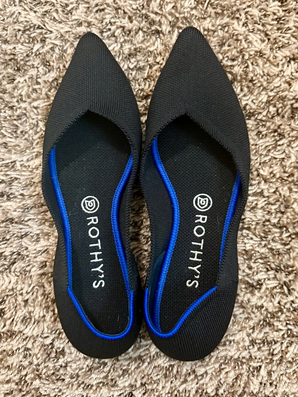Rothy's Black Pointed Toe Flats with Royal Blue Trim, 8.5